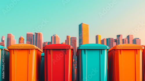 Colorful trash bins lined up against a backdrop of a modern city skyline under a clear sky.