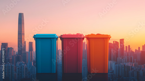 Three colorful recycling bins stand against a city skyline at sunset, symbolizing urban waste management and environmental awareness.