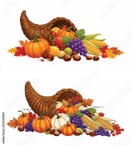 Thanksgiving Cornucopia with Autumn Harvest Fruits and Vegetables

