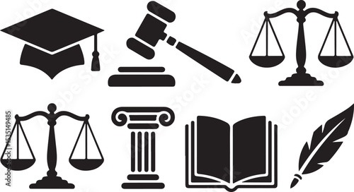 Law and Justice Icon Set Legal Art Minimalist Gavel and Scale Design Courtroom Illustration