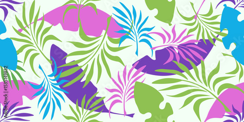 Bermuda shorts print. Colored Summer seamles pattern. Vector illustration of colorful palm leaves. Ideal living room wall decor fabric textile print. EPS 10