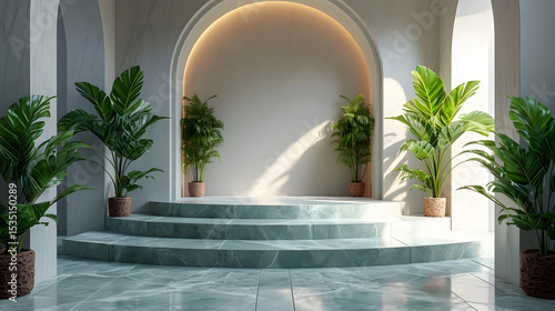 Elegant interior with marble steps  arched niches  and lush potted plants