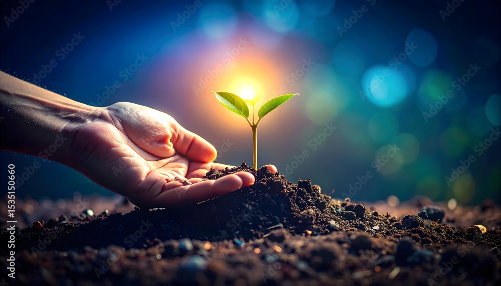 Fototapeta premium A human hand nurtures a glowing sapling emerging from polluted soil. This powerful image shows the shift from toxicity to renewal, symbolizing human responsibility and climate regeneration.