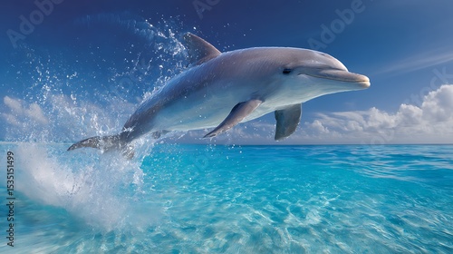 High-definition image of a dolphin leaping into the sky from a crystal-clear sea, with detailed splashes and vibrant blue hues.