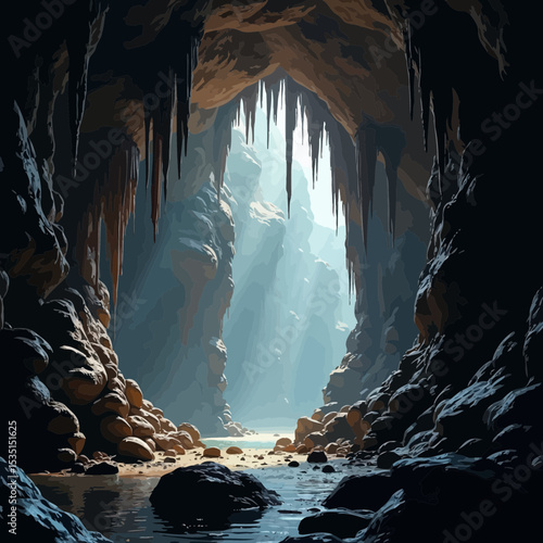 Mystical Cave Entrance Breathtaking Digital Art of a Sunlit Underground River