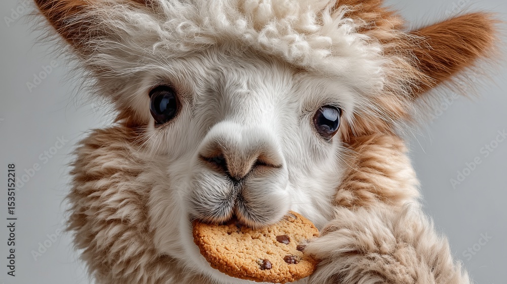 Fluffy alpaca with caramel drizzle on muzzle eating a cookie, high-resolution, white background Fluffy alpaca with caramel drizzle on muzzle eating a cookie, high-resolution, white background