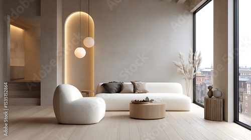 Scandinavian-inspired interior with minimalist decor, white boucle couch on light oak flooring, and cozy lighting elements.