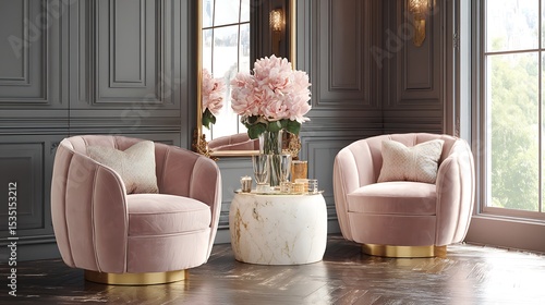 Stylish living room setup with pink velvet armchairs, round marble top table on a gold pedestal, elegant gold framed mirror against gray paneled walls, bright window light, 