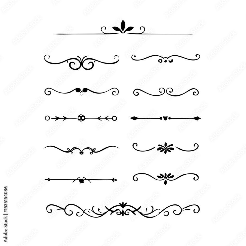Classic line separators. Flourishes decorative dividers, book embellishment decoration ornaments, vintage vector text calligraphic boarders. text dividers doodle set. Wedding decorative elements.
Classic line separators. Flourishes decorative dividers, book embellishment decoration ornaments, vintage vector text calligraphic boarders. text dividers doodle set. Wedding decorative elements.