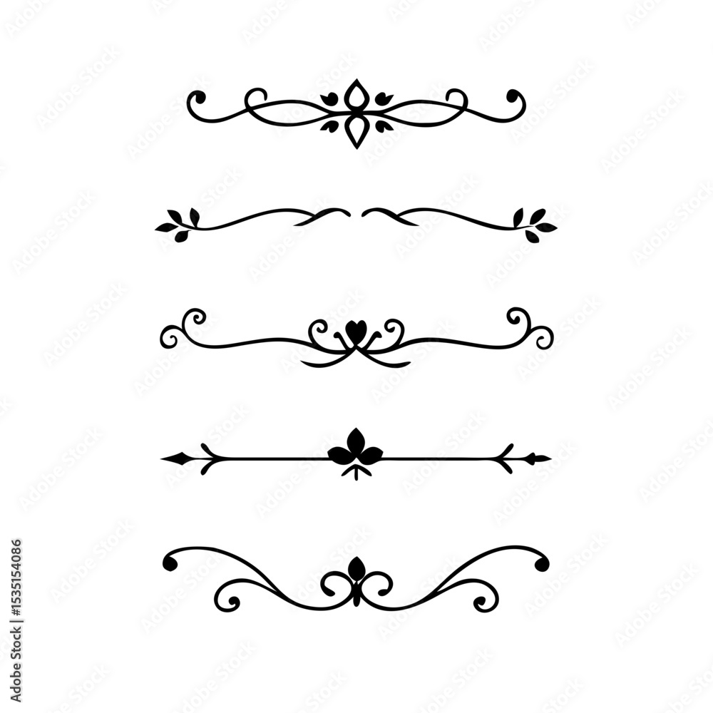 Classic line separators. Flourishes decorative dividers, book embellishment decoration ornaments, vintage vector text calligraphic boarders. text dividers doodle set. Wedding decorative elements.
Classic line separators. Flourishes decorative dividers, book embellishment decoration ornaments, vintage vector text calligraphic boarders. text dividers doodle set. Wedding decorative elements.