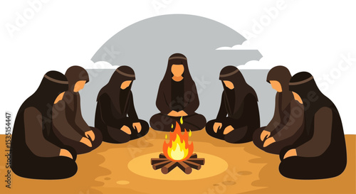 Women Gathering Around Campfire Desert Night Illustration