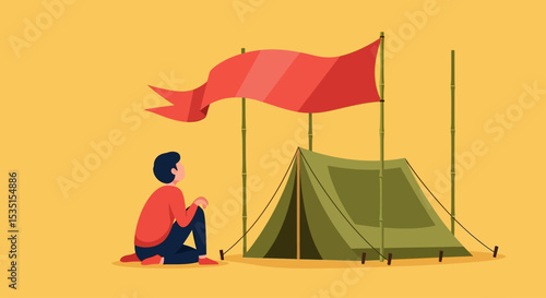 Person Admiring Camping Flag and Tent, Outdoor Adventure