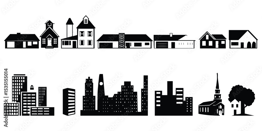 Obraz premium Building Silhouette Vector Set – Urban and Suburban Structures Collection Featuring Houses, Skyscrapers, Shops, Factories, Apartments, Offices, and Cityscape Elements in Black Silhouette Style