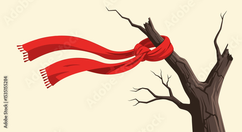 Red Scarf Blowing in the Wind on a Bare Tree Branch