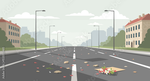 City Street Littered with Trash and Flowers Environmental Concerns