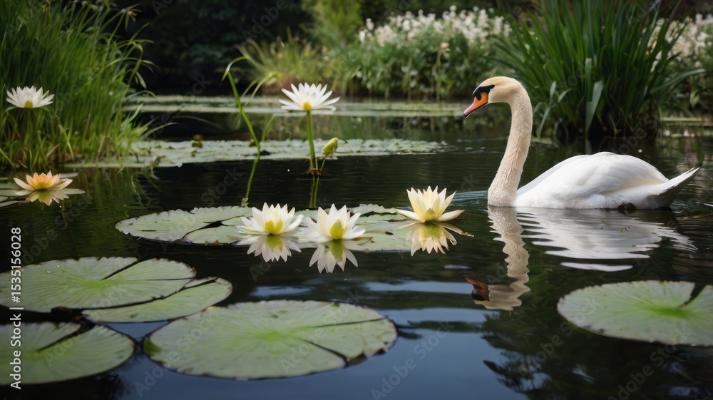 Obraz premium Serene swan on a lily pond
