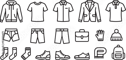 Clothing and Accessory Icon Set Fashion Art Minimalist Jacket and Shoe Design Stylish Wardrobe Illustration Collection