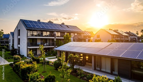 Modern apartments with solar panels at sunset