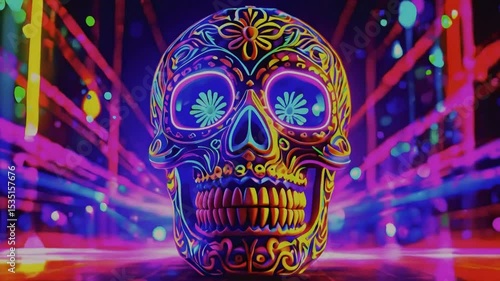 Decorated skull with vibrant neon patterns against explosive background