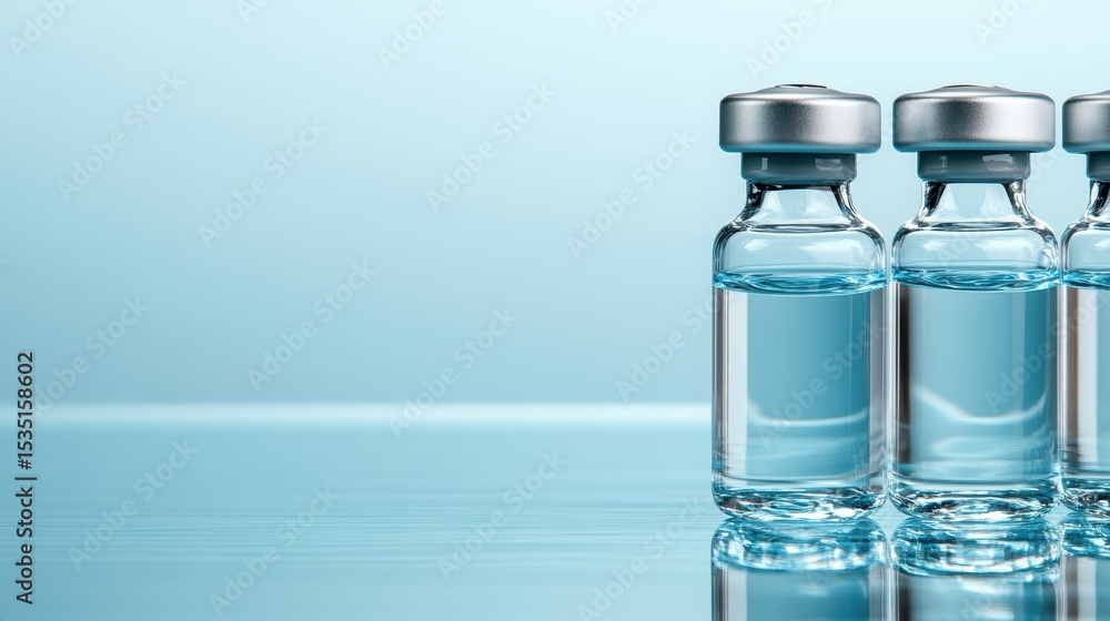 Several clear vials filled with liquid sit on a smooth surface, elegantly reflecting light, symbolizing purity, health, and the scientific exploration of medicine and technology. Several clear vials filled with liquid sit on a smooth surface, elegantly reflecting light, symbolizing purity, health, and the scientific exploration of medicine and technology.