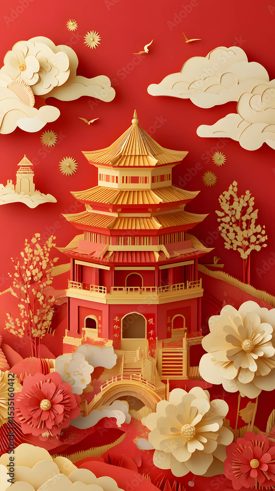 Obraz premium Traditional Chinese Pagoda with Floral and Cloud Decorations in a Festive Red Background