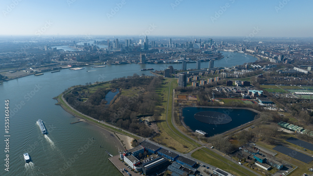 Naklejka premium Rotterdam, Nieuwe Maas, city skyline, South Holland, The Netherlands, aerial photo.
