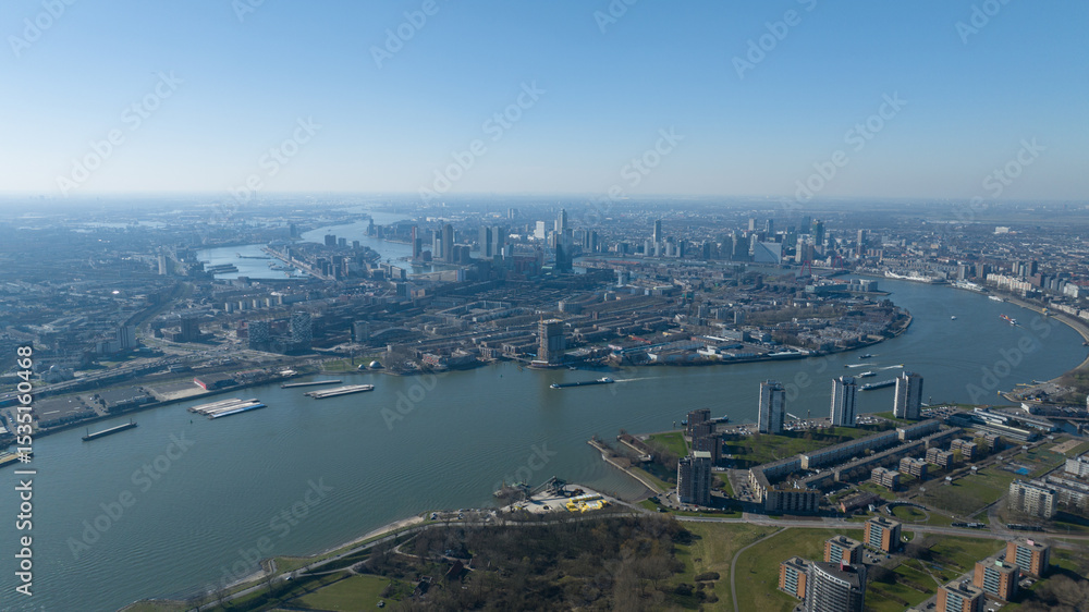 Fototapeta premium Rotterdam, Nieuwe Maas, city skyline, South Holland, The Netherlands, aerial photo.