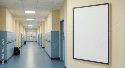 Long, empty school hallway with lockers, doors, and a blank poster frame.