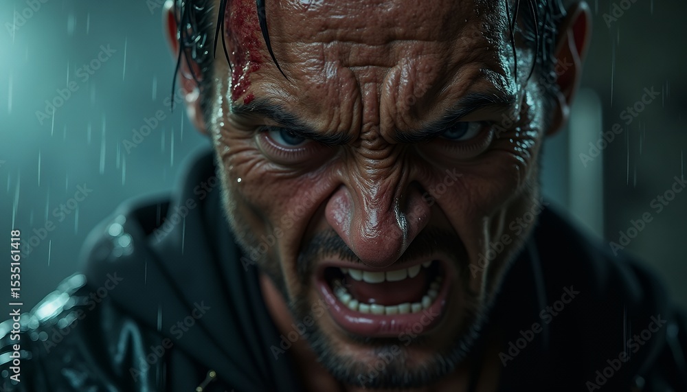 Angry Man in Rain with Wound on Head Angry Man in Rain with Wound on Head
