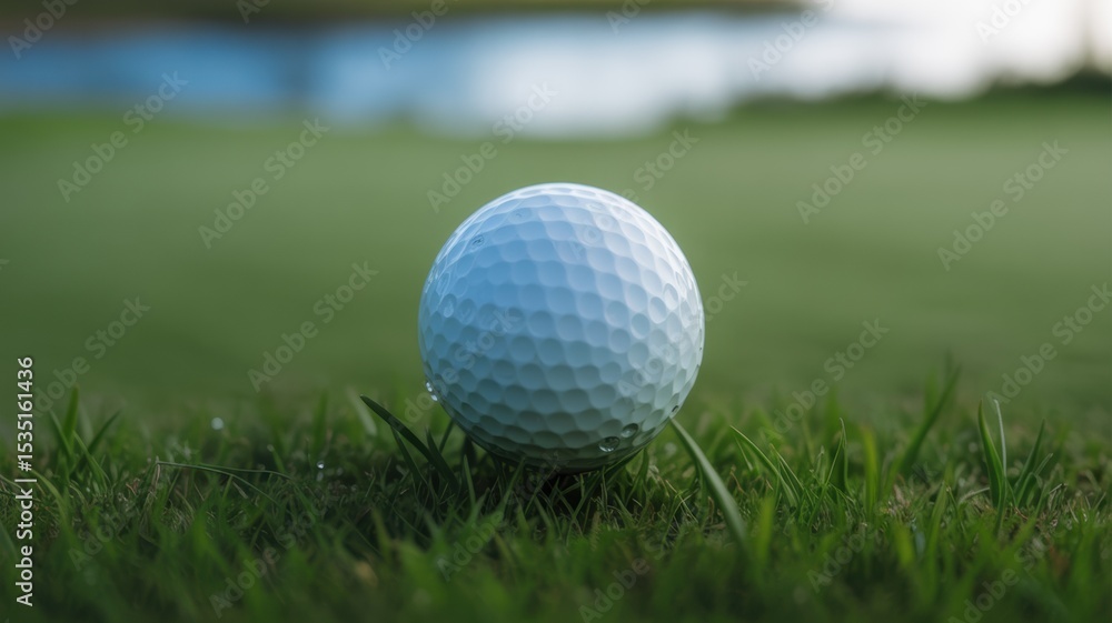 Fototapeta premium Golf Ball Resting on Lush Green Grass Near Water