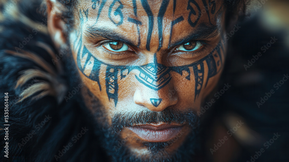 warrior-like man with cultural face tattoos wearing dark leather garments warrior-like man with cultural face tattoos wearing dark leather garments