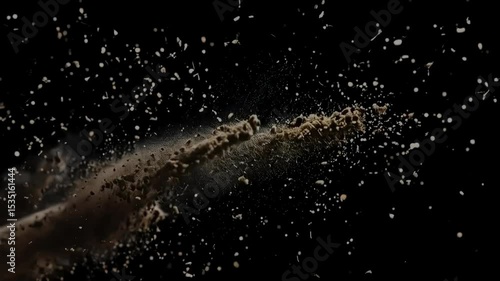 Flying debris A stream of brown dirt, dust, rocks and pebbles in motion, isolated against stark black backdrop