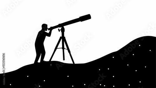 Silhouette of a man using a telescope on a hill with stars in the background at night time view | eps vectors