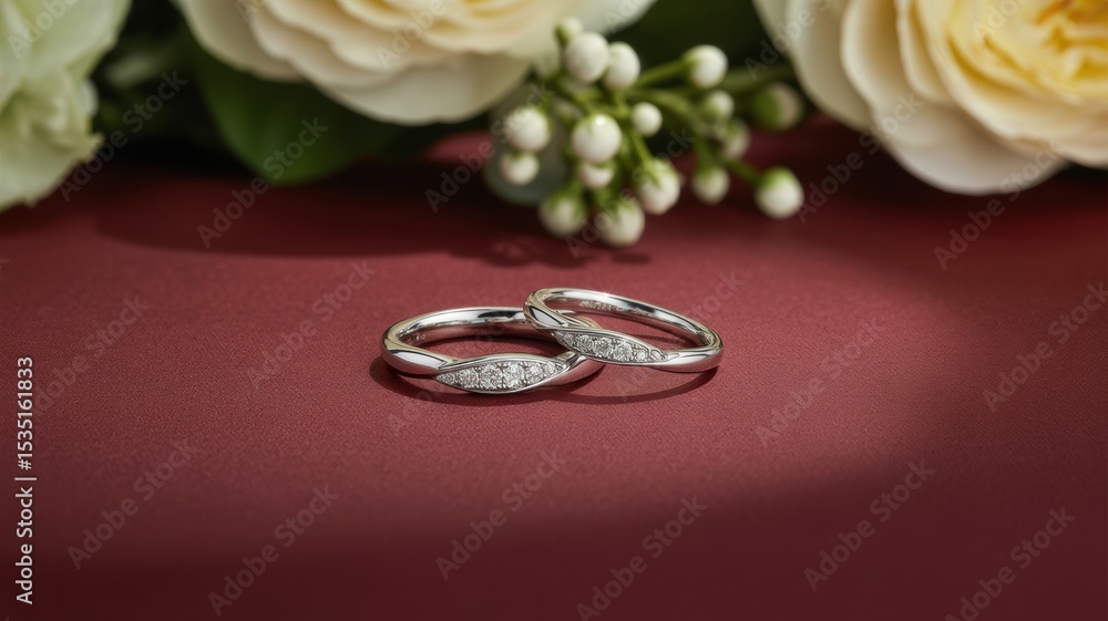 Elegant interlocking rings displayed on a rich red surface with white flowers in the background. Elegant interlocking rings displayed on a rich red surface with white flowers in the background.