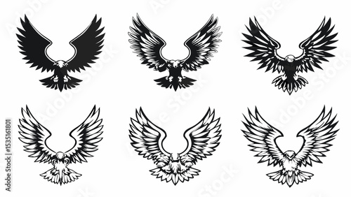 Six eagles with wings spread in different styles black and white vector illustration design concept | eps vectors silhouette