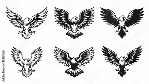 Six stylized eagle illustrations with wings spread in a black and white vector graphic design format | eps vectors silhouette
