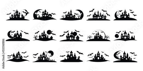 Halloween skyline with haunted house, bats and full moon silhouette set on a white background