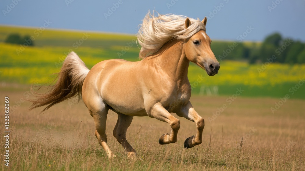 Obraz premium Palomino Horse Galloping in a Sunlit Field