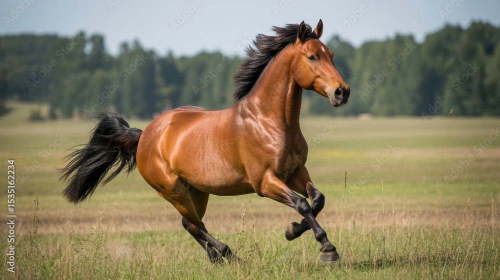 A chestnut horse galloping freely across a grassy field under a clear sky. A chestnut horse galloping freely across a grassy field under a clear sky.