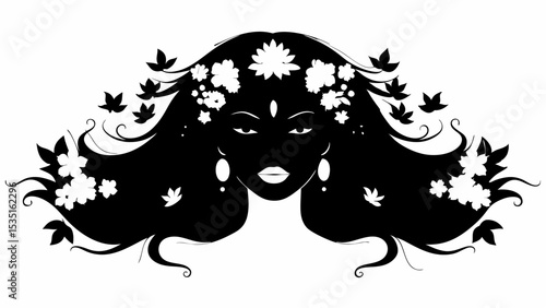 Silhouette of woman with long flowing hair adorned with flowers and leaves in black and white design | eps vectors