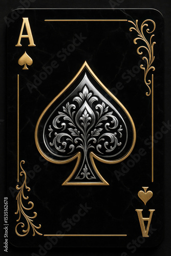 A luxurious and elegant playing card design featuring the Ace of Spades. The card has a black marble-textured background with subtle veins, giving it a rich and sophisticated appearance