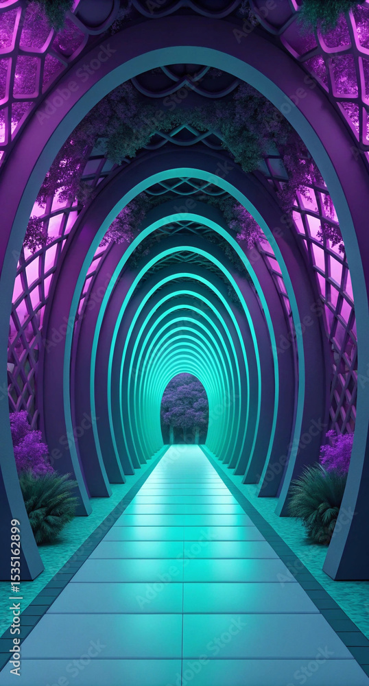 Fototapeta premium Ancient European monastery arches illuminate a long stone corridor, a medieval tunnel of light