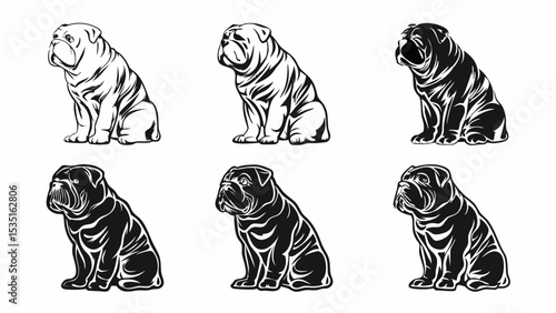 Illustrations of shar pei dogs in varying shades of black and white sitting on a white background | eps vectors silhouette
