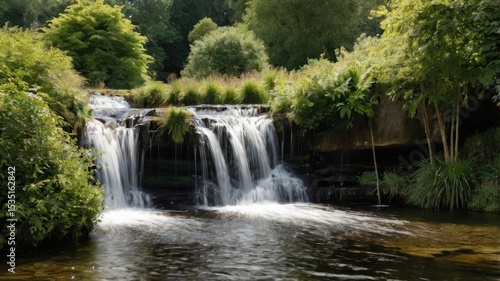 A tranquil waterfall cascading into a still pool, surrounded by lush greenery