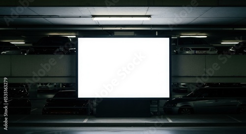 Wallpaper Mural A large, blank screen stands in a dimly lit parking garage, surrounded by parked cars. Torontodigital.ca