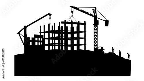 Silhouette of a construction site with cranes building a structure and workers overseeing the project | eps vectors