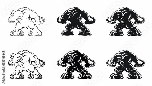 Variations of a muscular minotaur in black and white standing in a powerful stance with horns and hooves | eps vectors silhouette