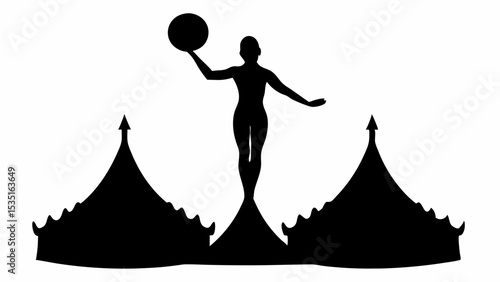 Silhouette of circus performer balancing on tent tops with ball in hand in black and white design | eps vectors