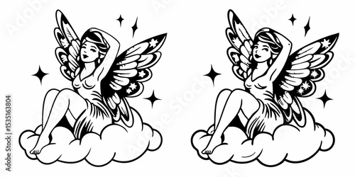 Two angels with wings sitting on clouds surrounded by stars in a black and white illustration | eps vectors silhouette