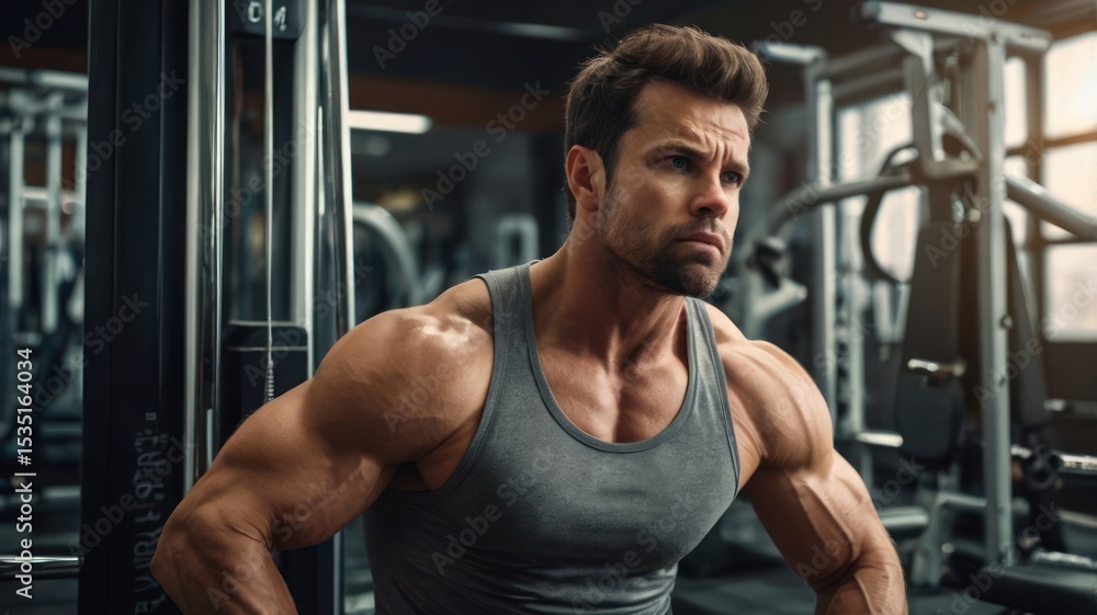 Muscular man in gym, focused, toned physique Muscular man in gym, focused, toned physique